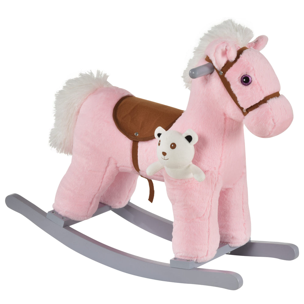 Cheval à bascule en peluche avec ours en peluche, rose