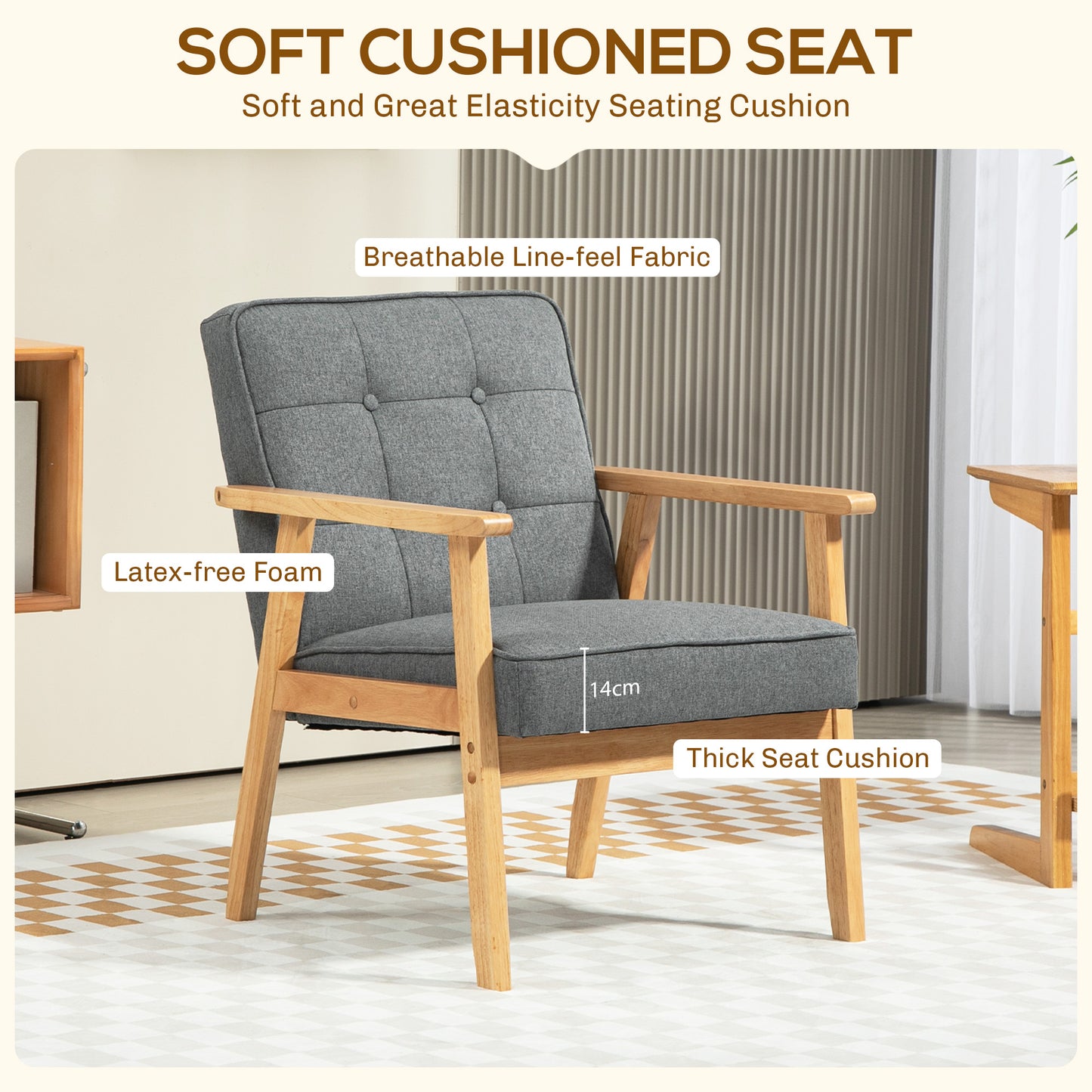Fauteuil d'appoint moderne avec dossier capitonné, fauteuil en tissu et structure en bois massif pour chambre à coucher, gris