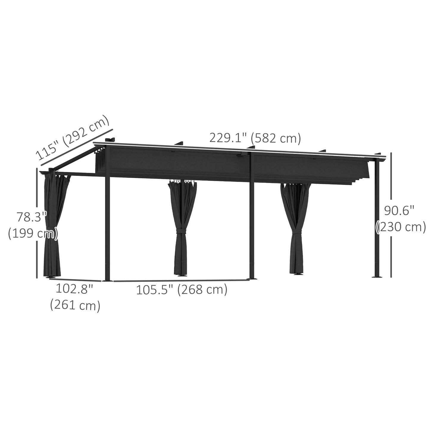 Pergola rétractable en métal 10' x 20' avec parois latérales, tonnelle d'extérieur UPF30+, noir