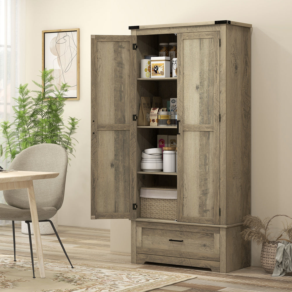 Meuble garde-manger style campagnard avec 2 portes, tiroir et étagères réglables, gris-beige
