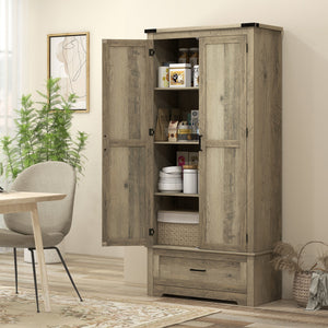 Meuble garde-manger style campagnard avec 2 portes, tiroir et étagères réglables, gris-beige