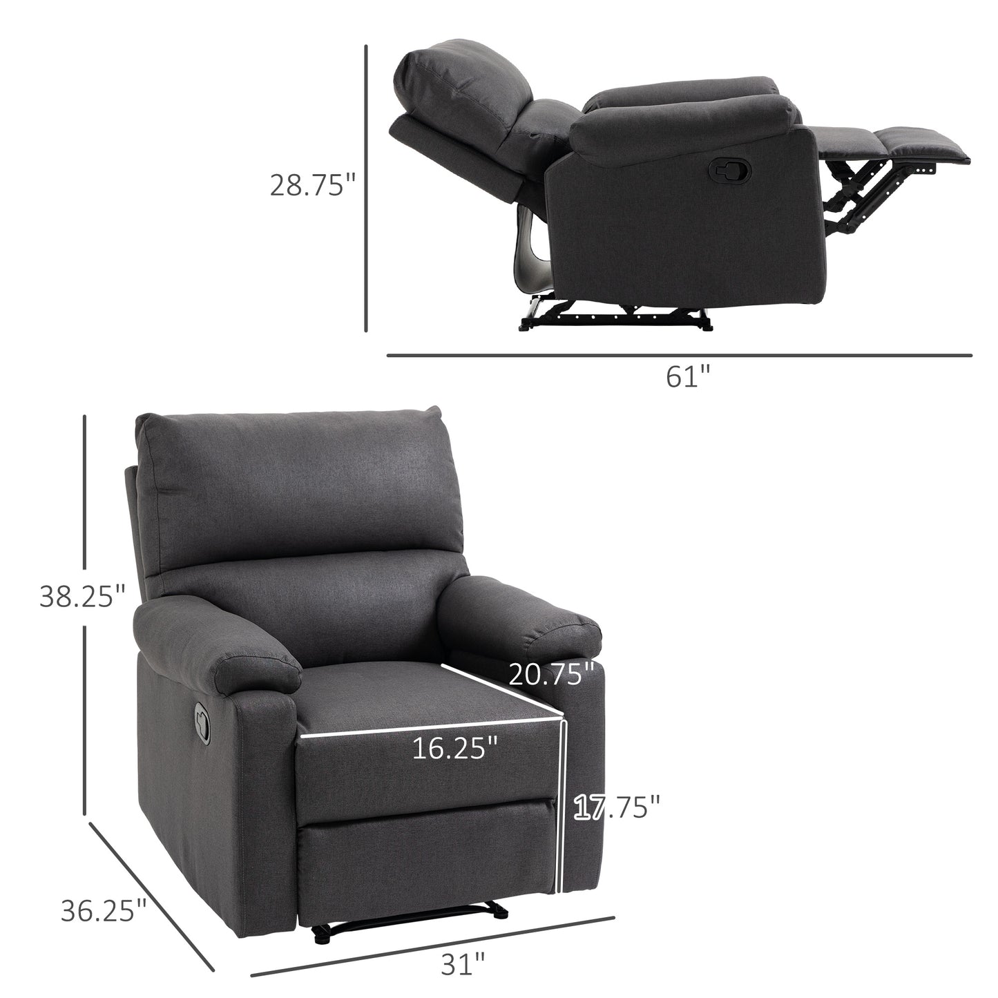 Fauteuil inclinable manuel avec repose-pieds, assise rembourrée, gris foncé