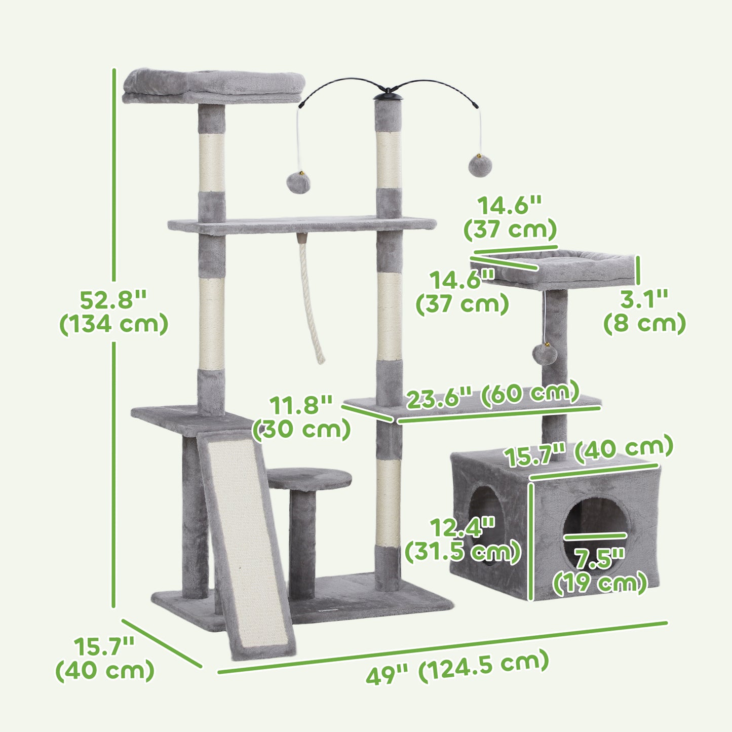Cat tree with scratching posts, niche, beds, platforms and play balls, light grey