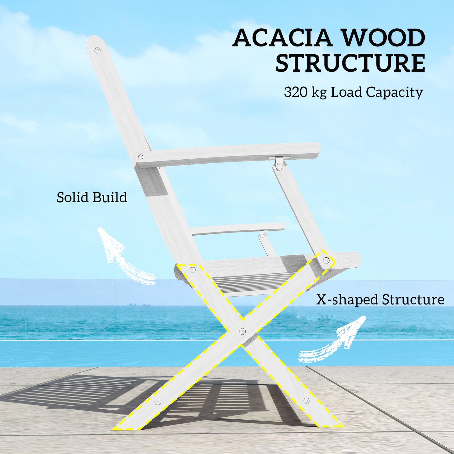 Banc d'extérieur pliable en bois avec dossier et accoudoirs, blanc