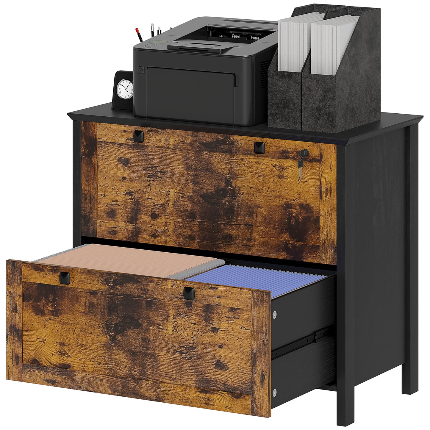 Classeur HOMCOM à 2 tiroirs, verrouillable avec barre de suspension réglable pour documents A4, marron rustique