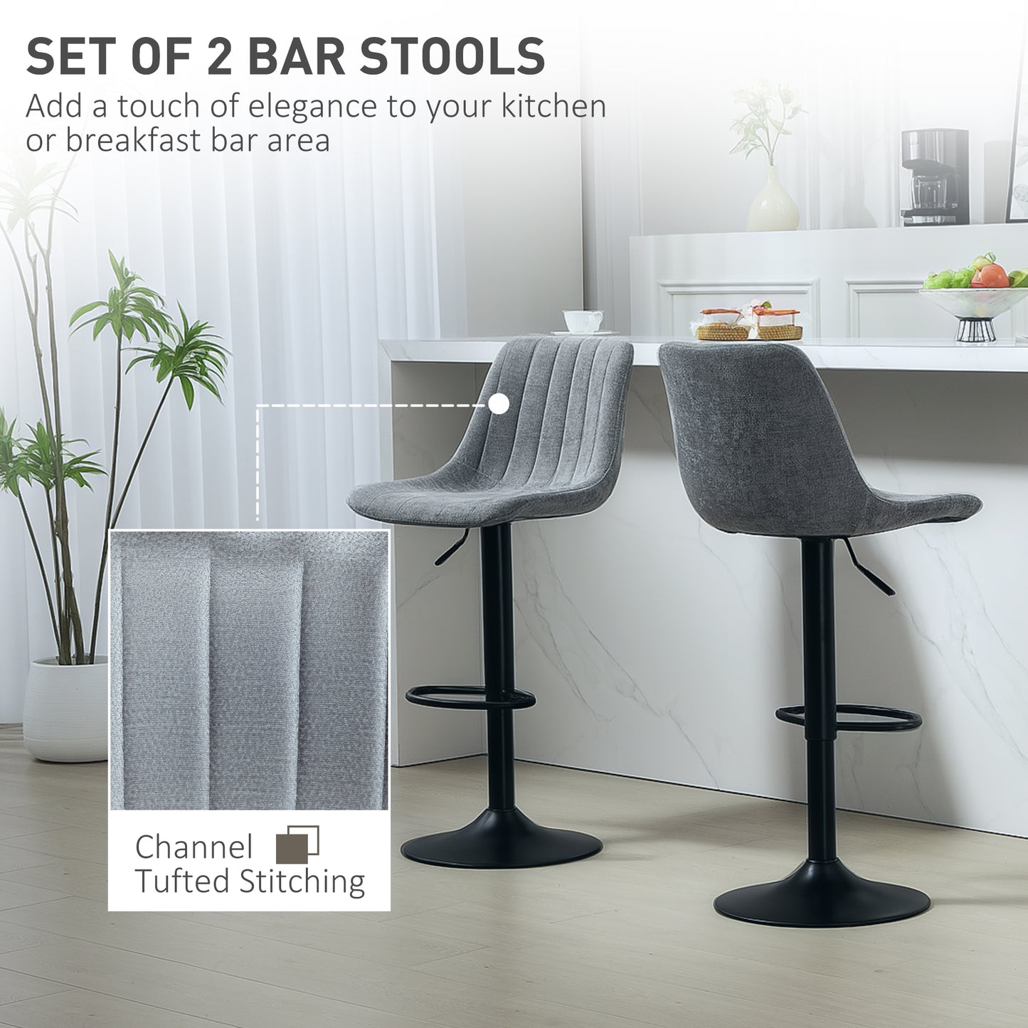 Lot de 2 tabourets de bar réglables pivotants avec dossier et repose-pieds pour îlot de cuisine, gris anthracite