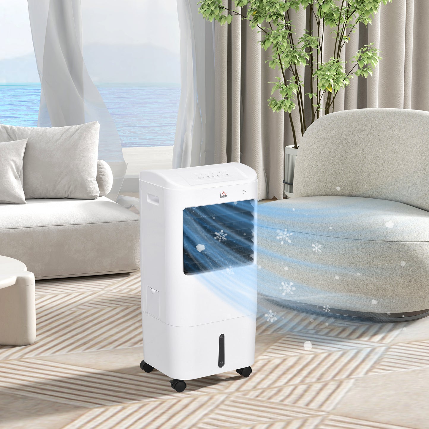 Ventilateur tour blanc avec pack de glace intégré, télécommande, 3 modes de ventilation, 3 vitesses et minuterie 7,5 heures