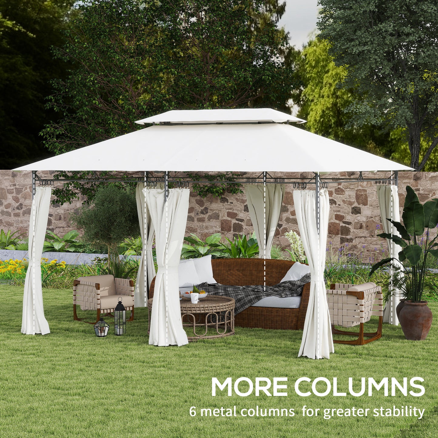 Tonnelle de jardin 10' x 13' à double toit, avec rideaux, blanc crème