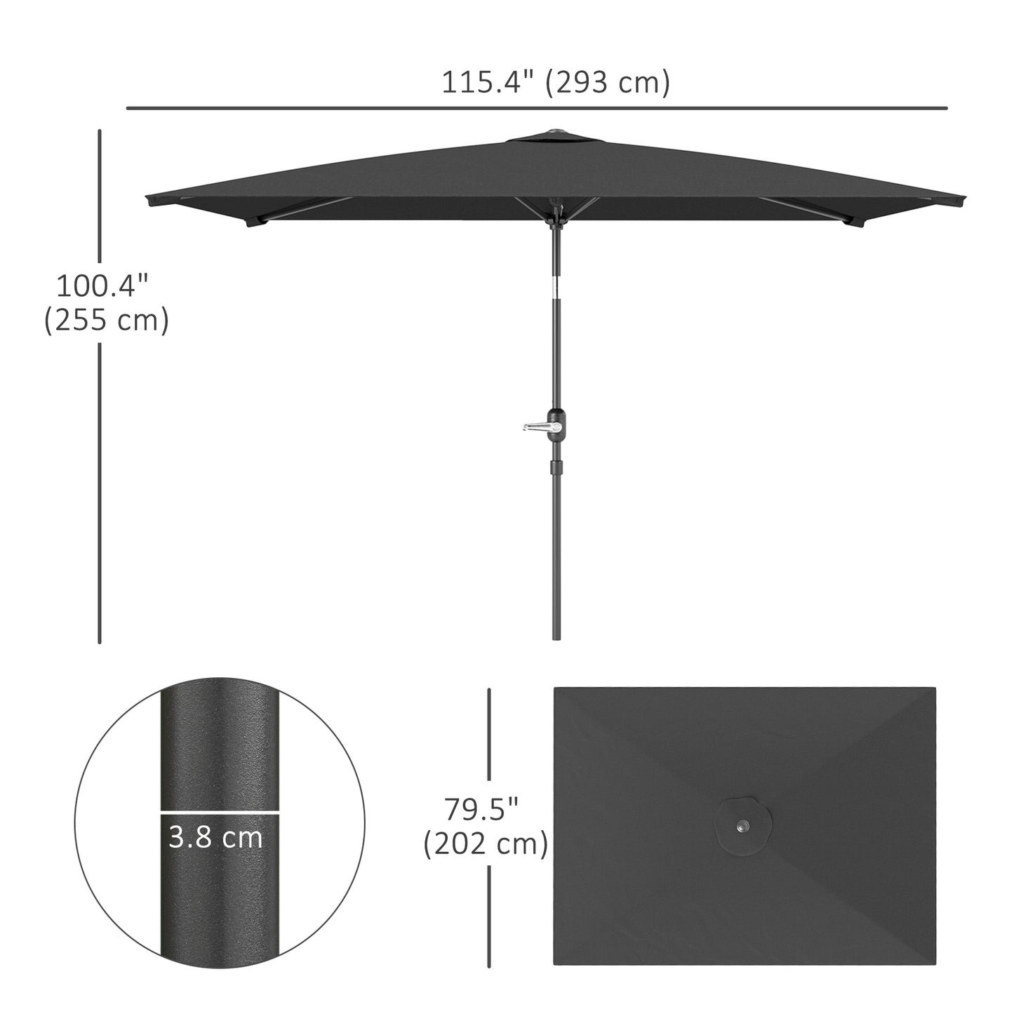 Parasol de jardin rectangulaire inclinable en aluminium 2 x 3 m, parasol de jardin, parasol d'extérieur avec manivelle, gris foncé