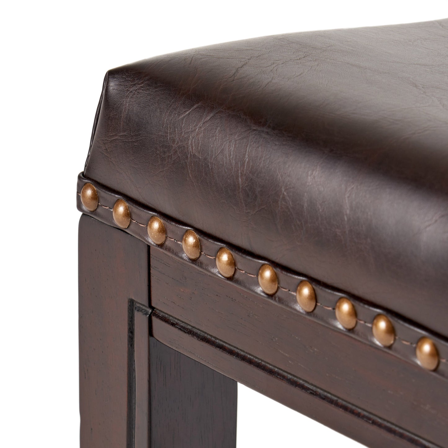 Set of 2 contemporary studded bar stools, rubberwood saddle seat, brown