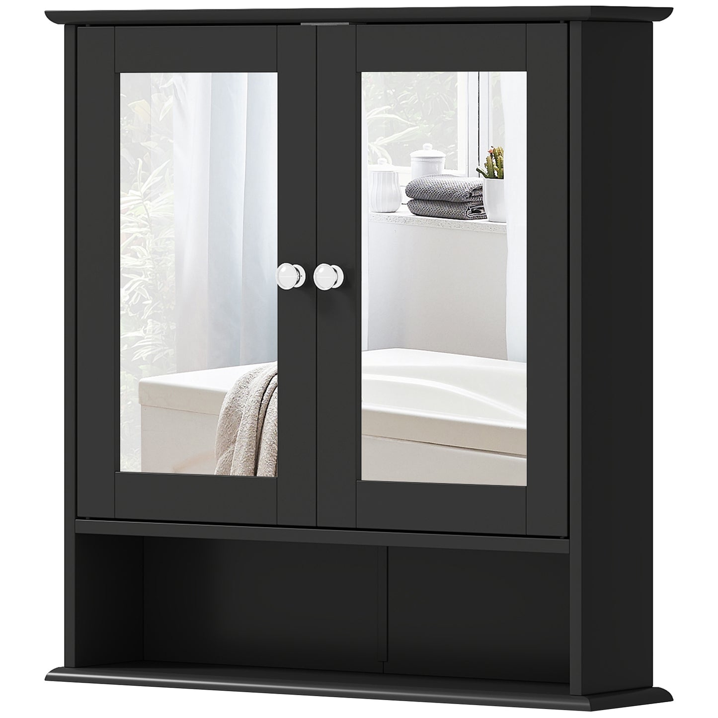 Armoire à pharmacie murale avec portes doubles, étagère ouverte et étagère réglable, noire