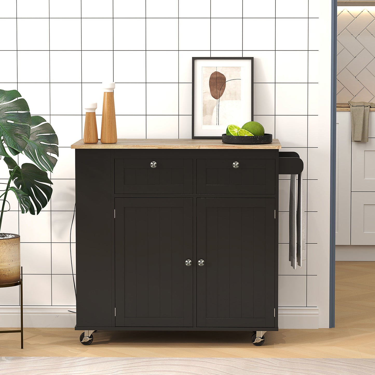 HOMCOM Kitchen Island with Power Outlet and Drop Leaf, Rolling Kitchen Cart with 2 Drawers and Adjustable Shelves, Black