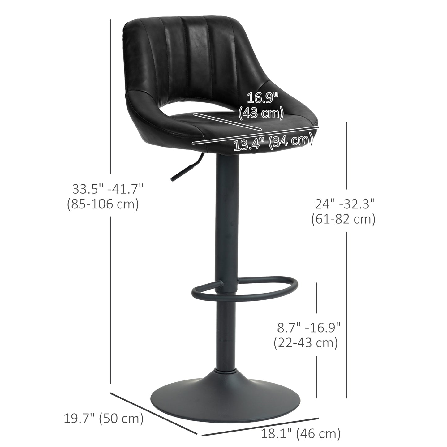 Lot de 2 tabourets de bar pivotants, rembourrés en similicuir, hauteur comptoir, avec base ronde en métal, Noir