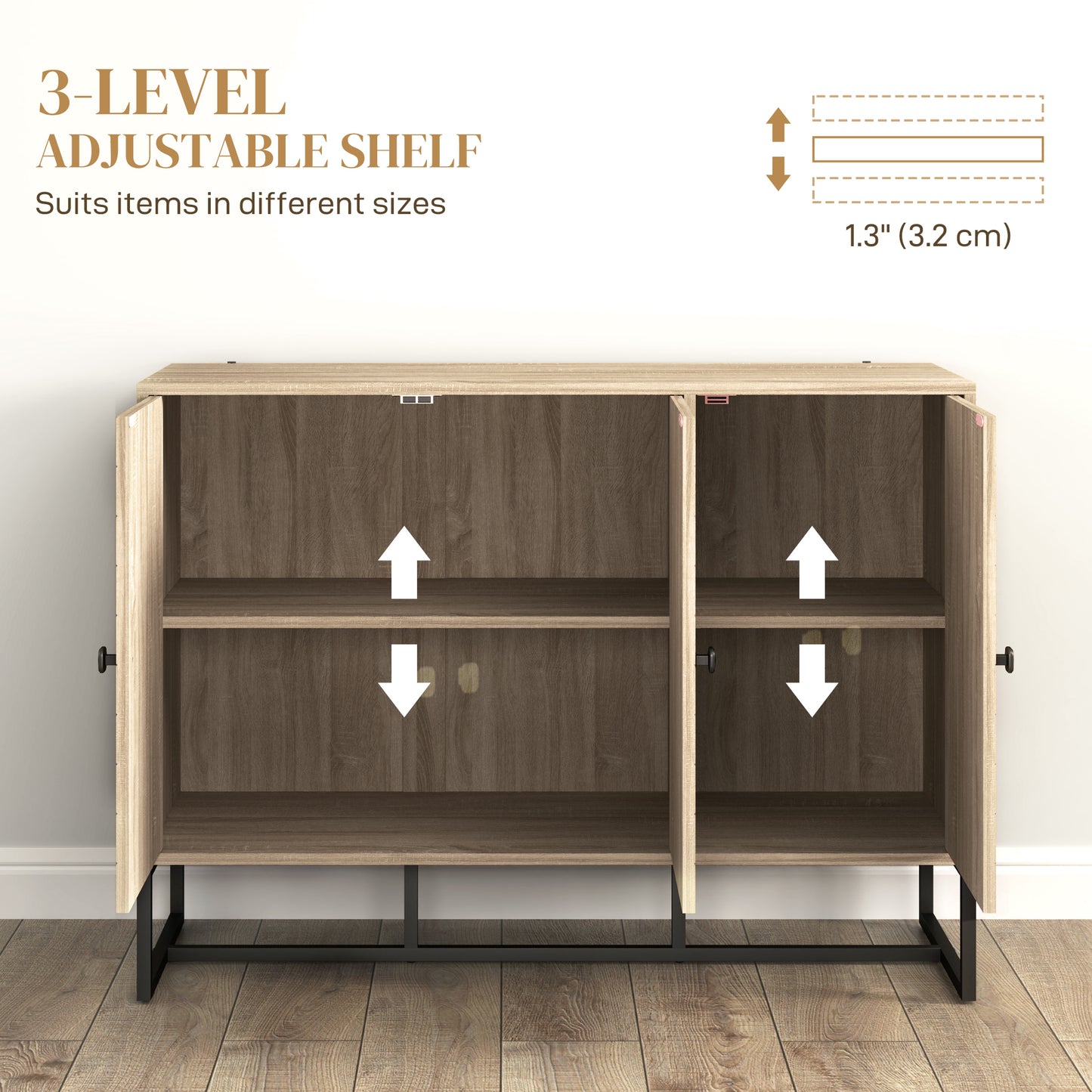 Buffet moderne avec étagères réglables, 3 portes à chevrons pour salon, couloir, grain de bois de chêne