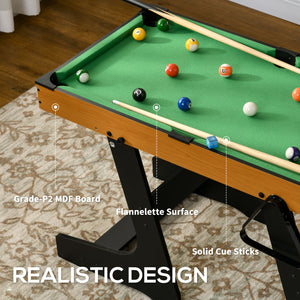 Mini foldable pool table with balls, cues, chalk and brush.