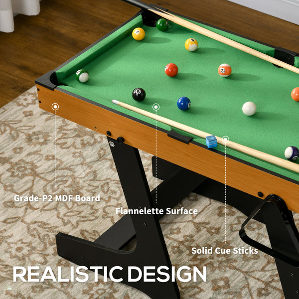 Mini foldable pool table with balls, cues, chalk and brush.