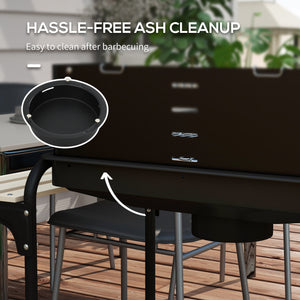 Height-adjustable charcoal barbecue with ash catcher and wheels, black
