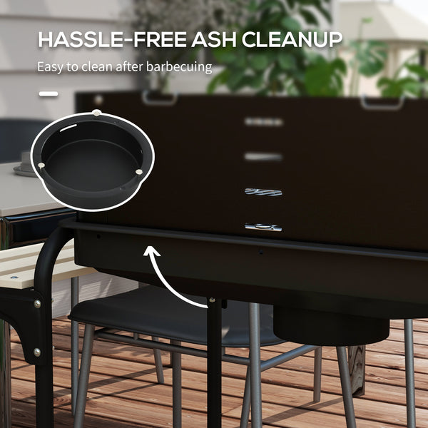 Height-adjustable charcoal barbecue with ash catcher and wheels, black