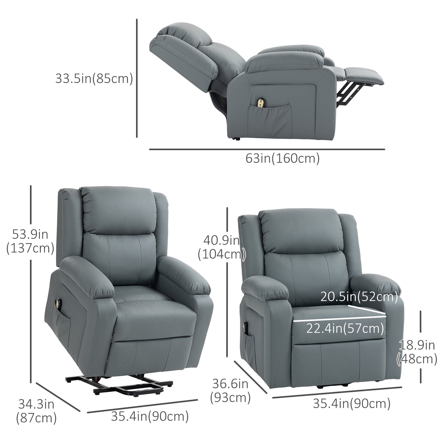 Fauteuil releveur électrique en cuir synthétique avec télécommande, poches latérales, montage rapide, gris