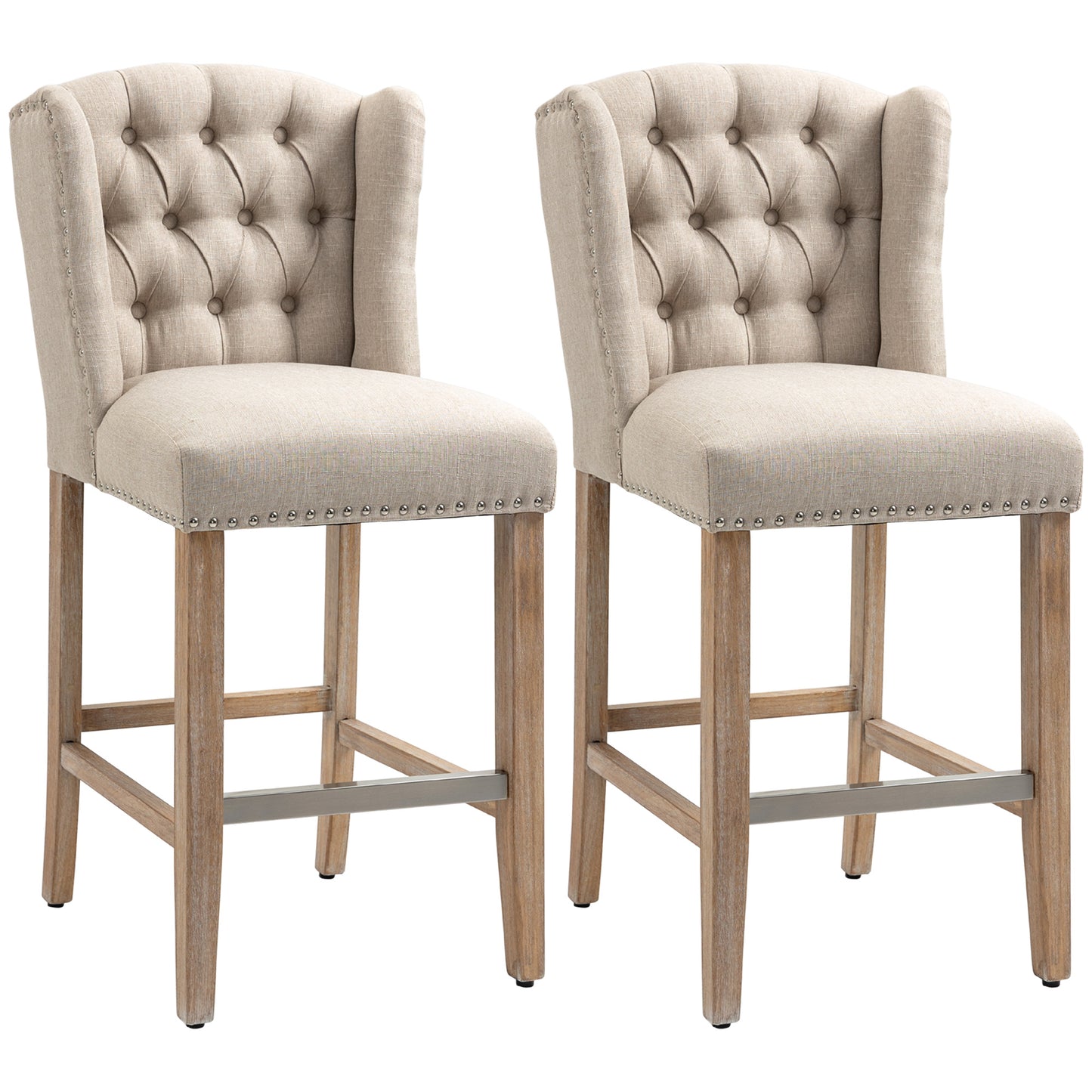 Lot de 2 tabourets de bar, rembourrés avec dossier clouté et repose-pieds, beige