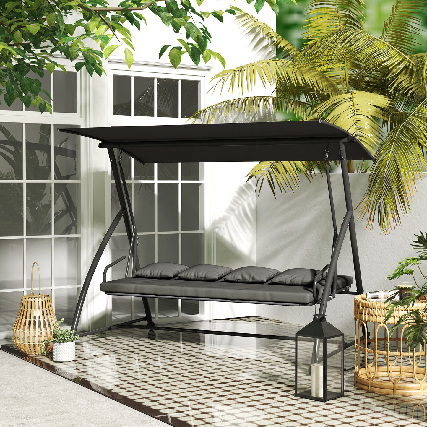 Outsunny Patio Swing Chair, 3 Person Convertible Hammock, Outdoor Swing Lounge Bed, Cushioned with Tilt Canopy, Dark Gray |