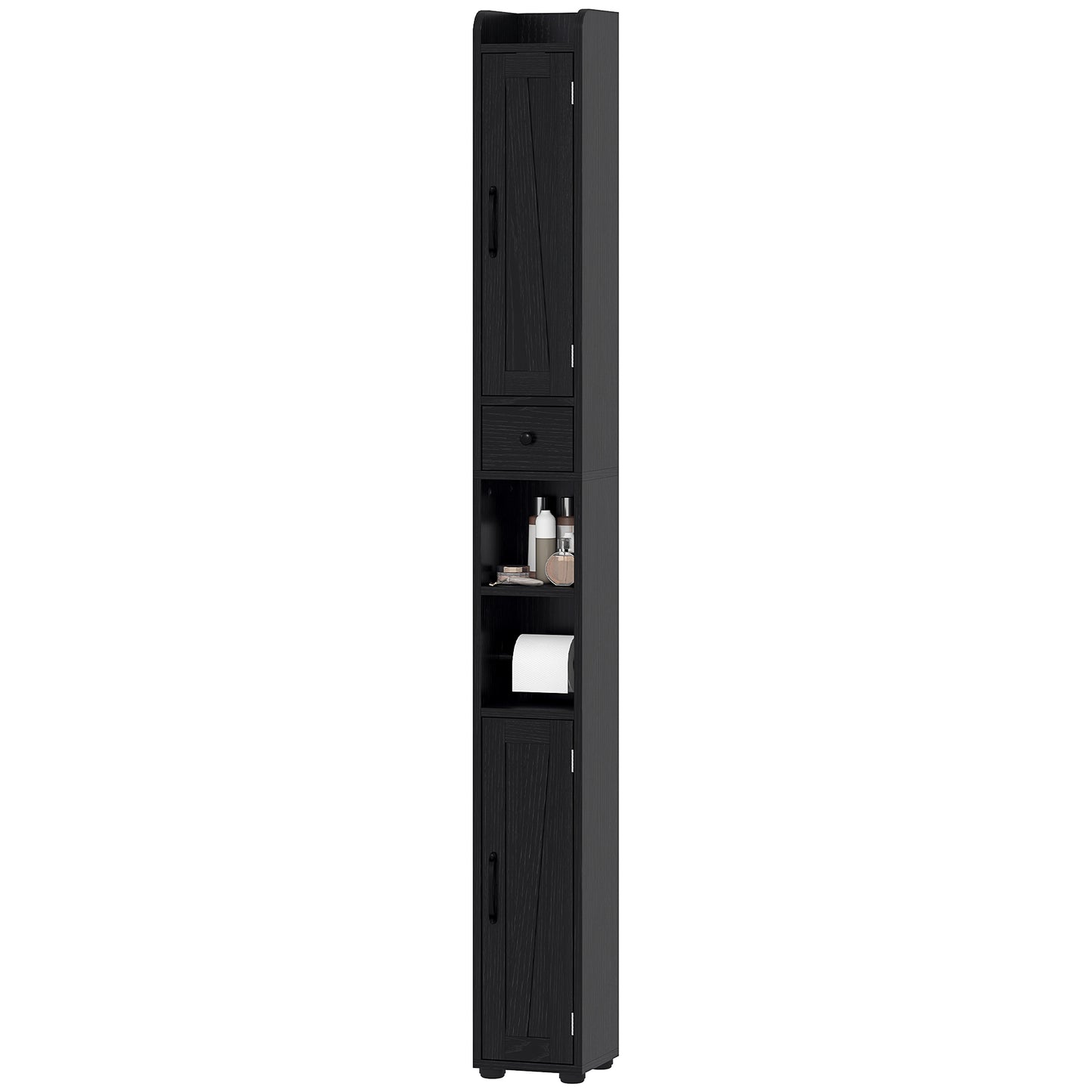 Narrow bathroom vanity with barn doors, drawer and adjustable shelves, black wood look