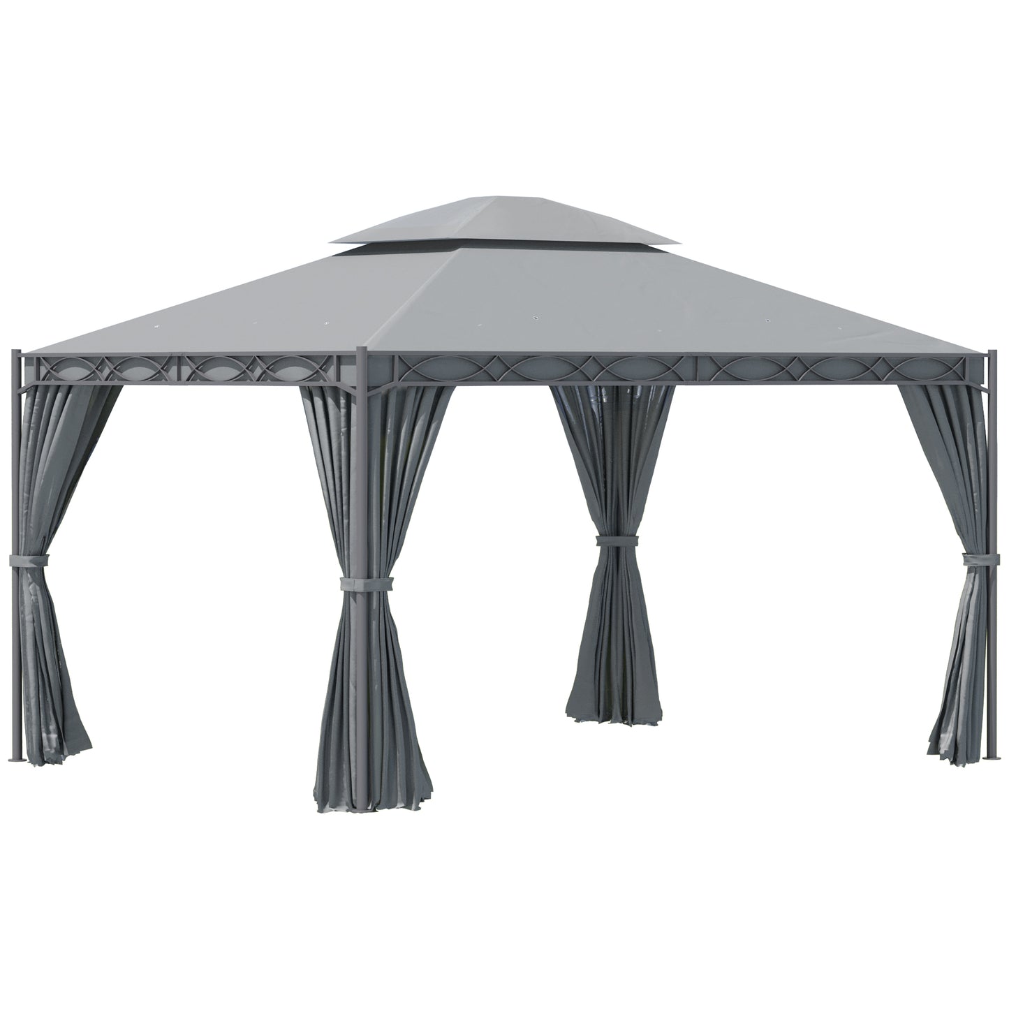 Gazebo 10'x13' couvert à deux niveaux en acier avec rideau, gris