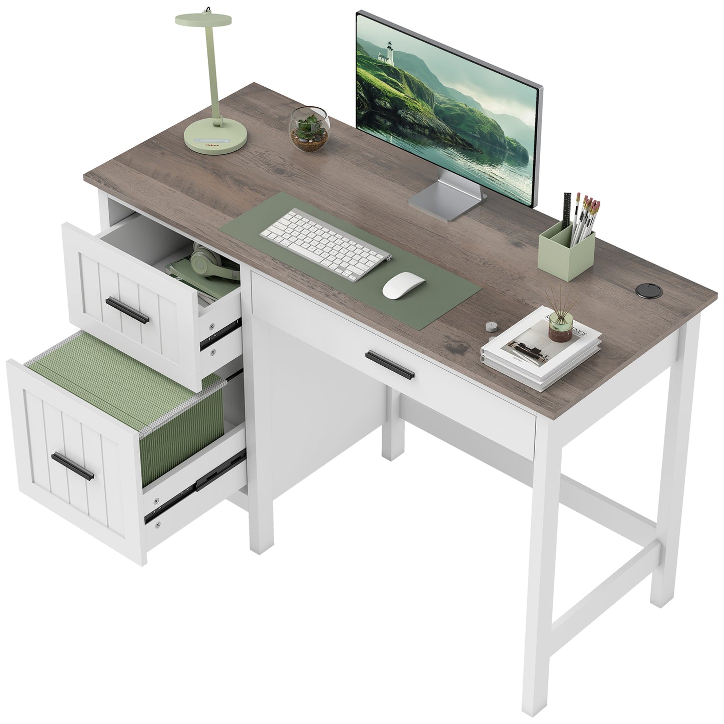 Country Style 3 Drawer Computer Desk with File Drawer and Wooden Top for Small Spaces, White