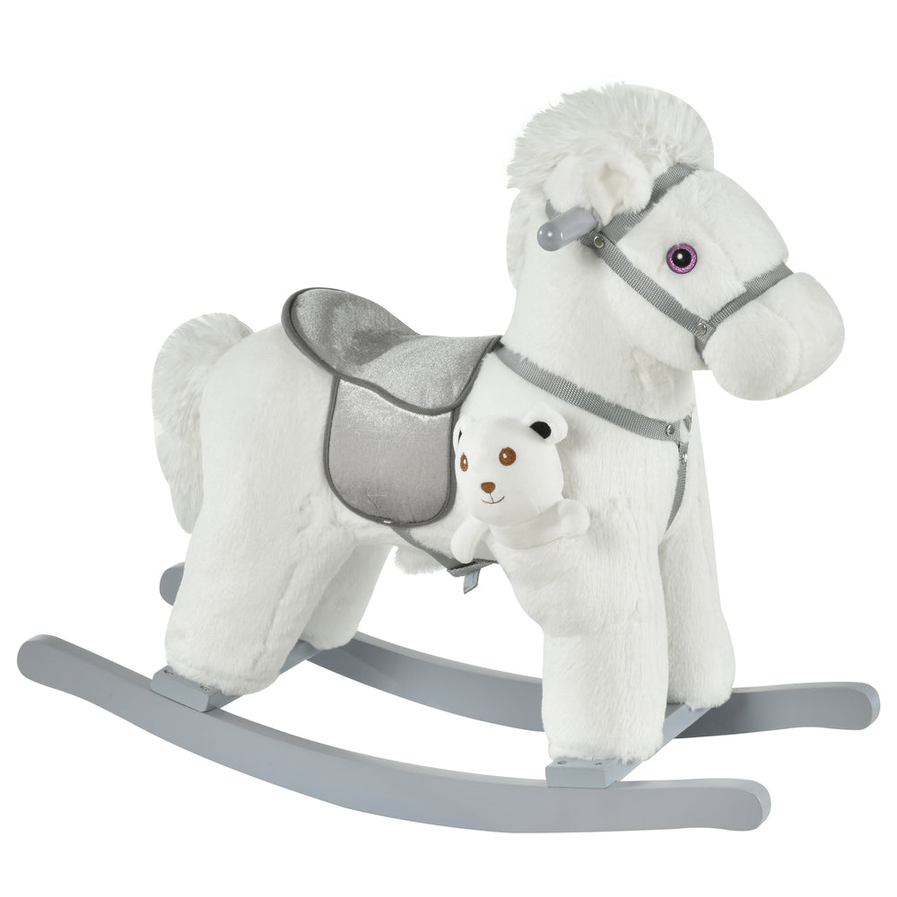 Cheval à bascule en peluche avec ours en peluche, blanc