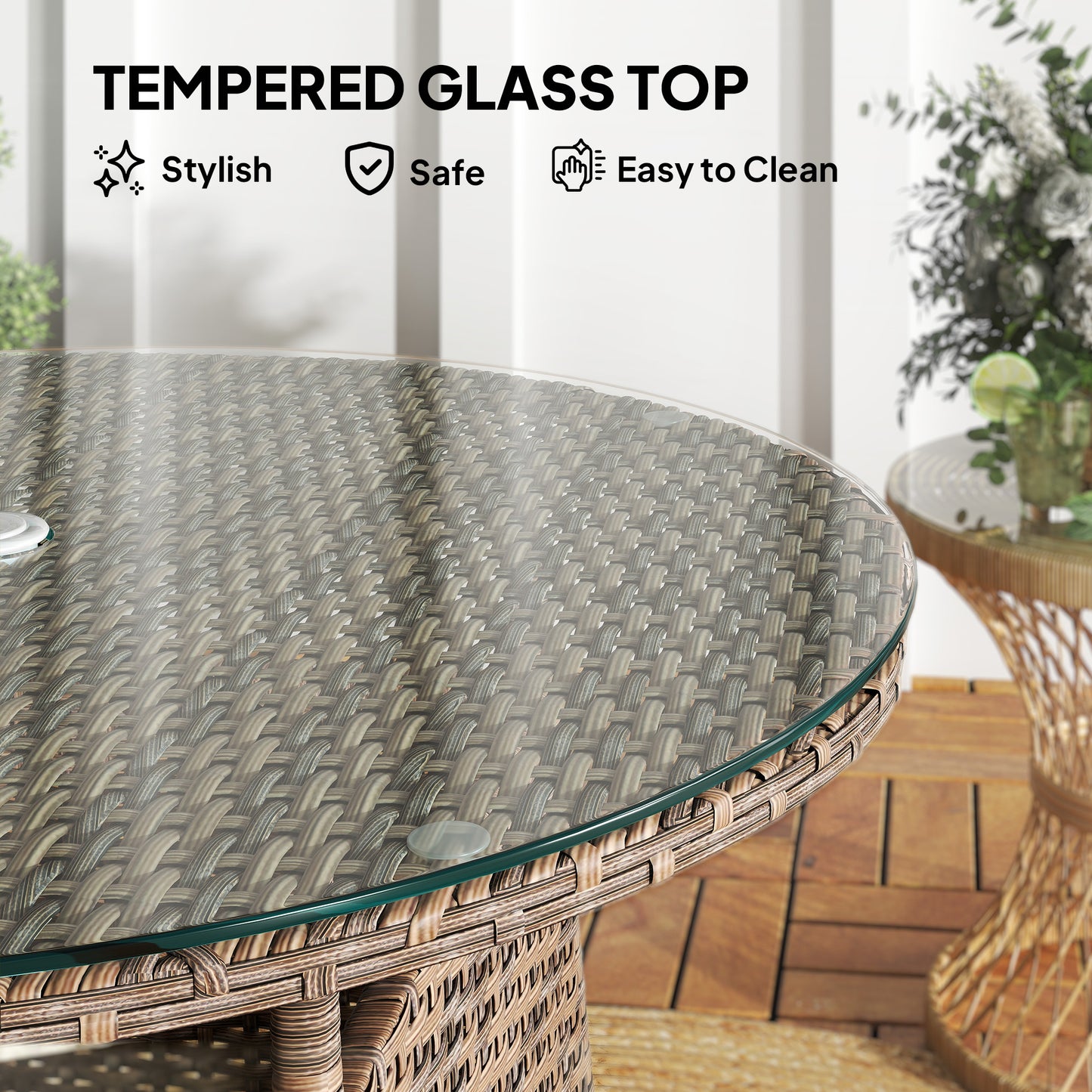 Table de jardin ronde avec trou pour parasol, table basse bistro avec plateau en verre trempé, marron
