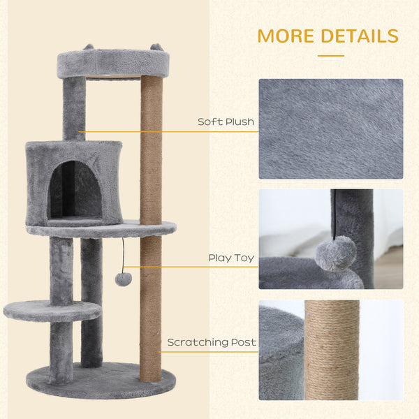 41" Cat Tree with Condo, Scratching Posts and Hanging Ball, Grey