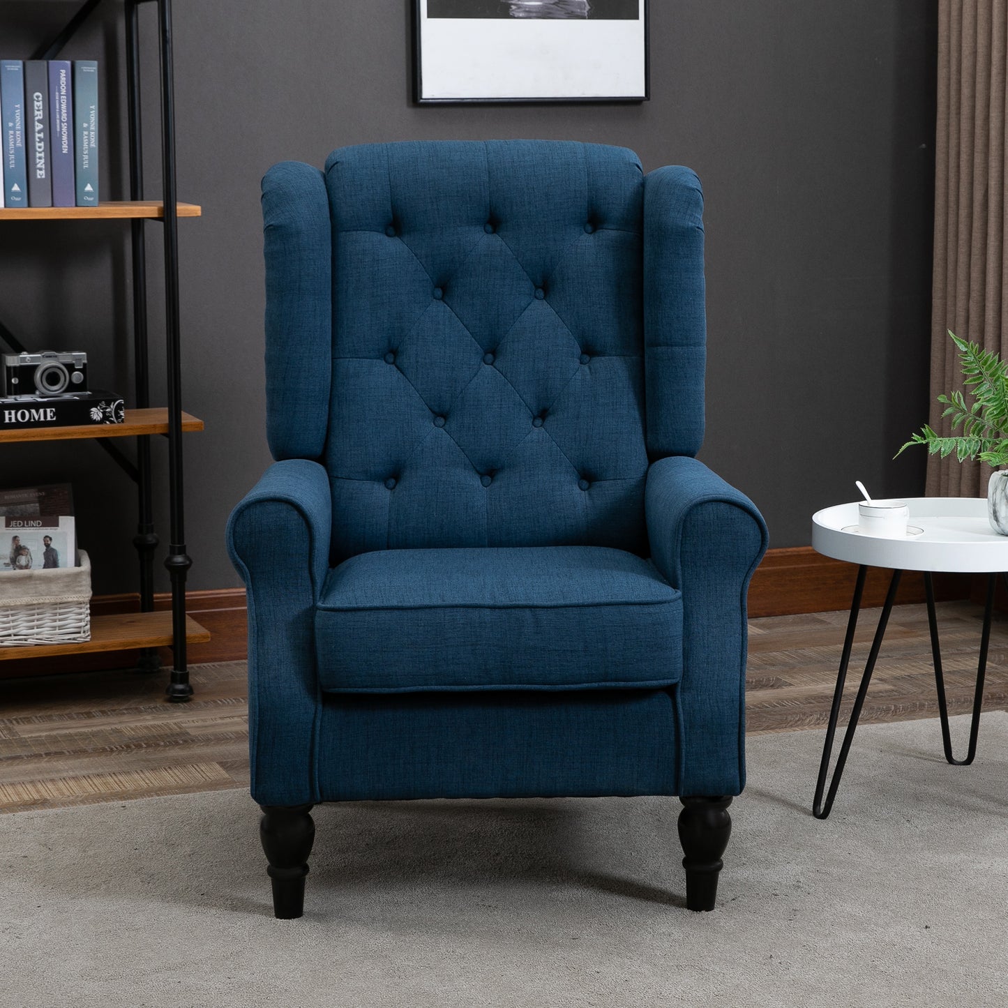 Upholstered accent chair with wooden legs, rounded armrests, thick padding, blue