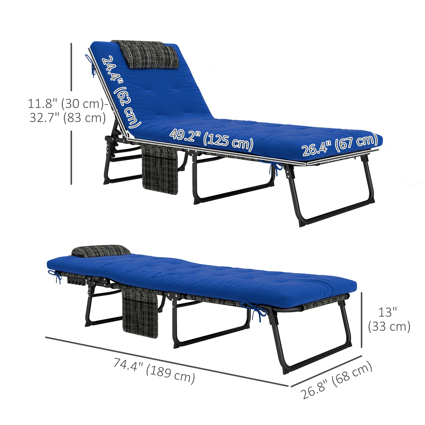 Lot de 2 chaises longues pliantes avec dossier inclinable à 4 niveaux, chaise longue d'extérieur avec coussin, tissu en maille respirante, poche latérale, appui-tête, bleu