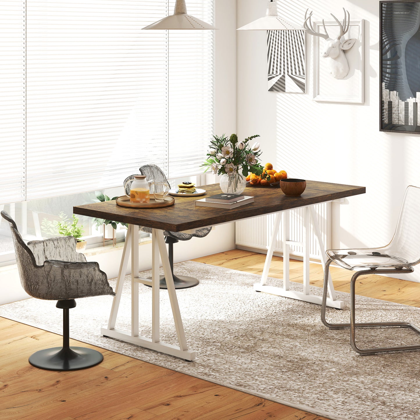 Table de cuisine style Farmhouse pour 8 personnes, rectangulaire avec plateau épais et pieds en tréteaux en acier, marron et blanc