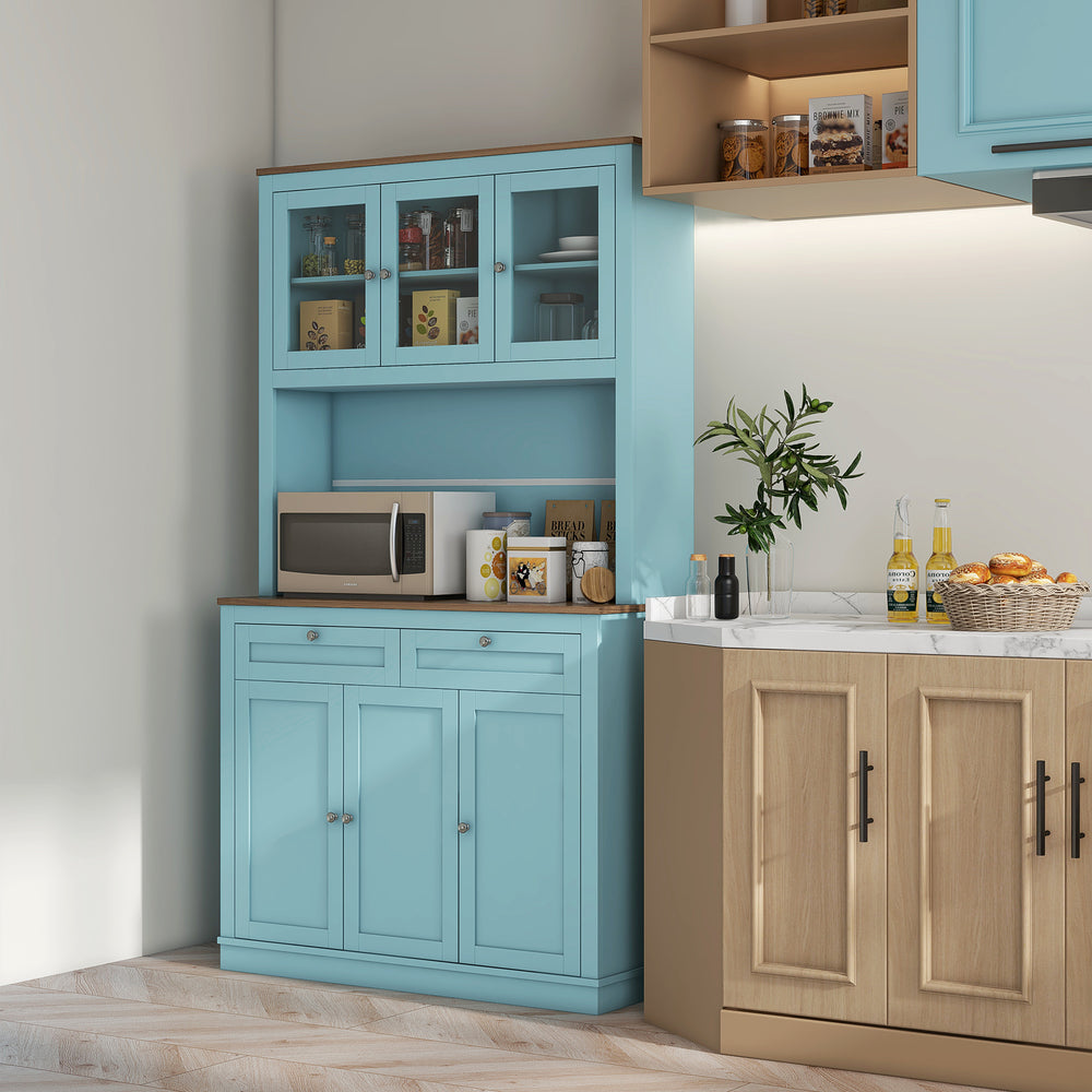 Garde-manger avec espace micro-ondes et portes vitrées, bleu