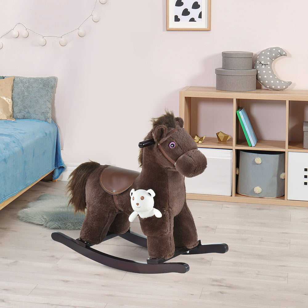 Cheval à bascule en peluche avec ours en peluche, marron et blanc