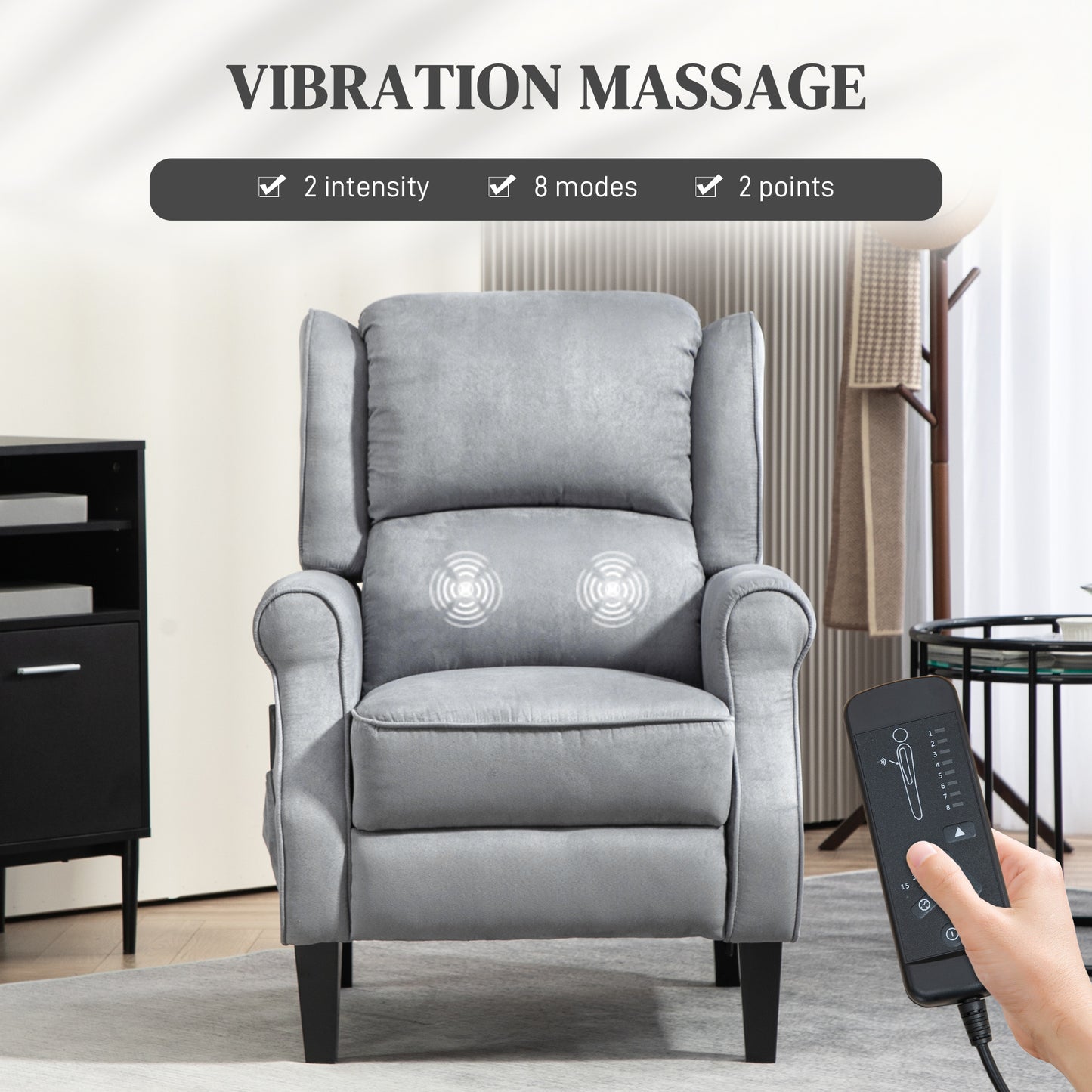 Fauteuil inclinable à massage par vibrations avec repose-pieds extensible, télécommande, poche, gris