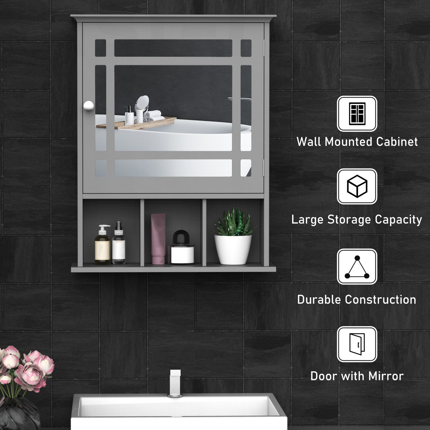 Armoire de salle de bain avec porte miroir et 3 étagères, gris