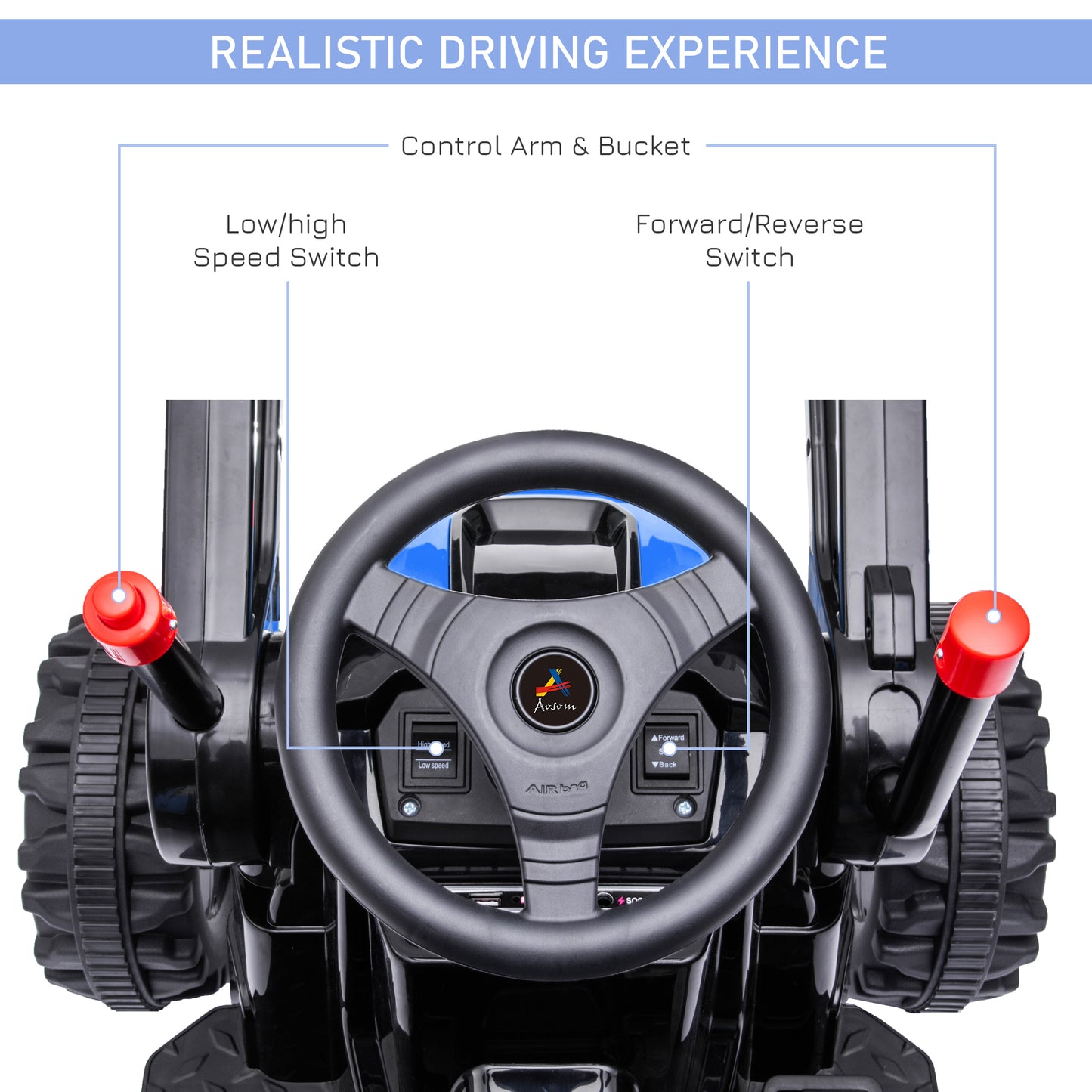 6V Battery Powered Kids Tractor, Ride-On Excavator, Music, Front Headlight, Reverse, Blue