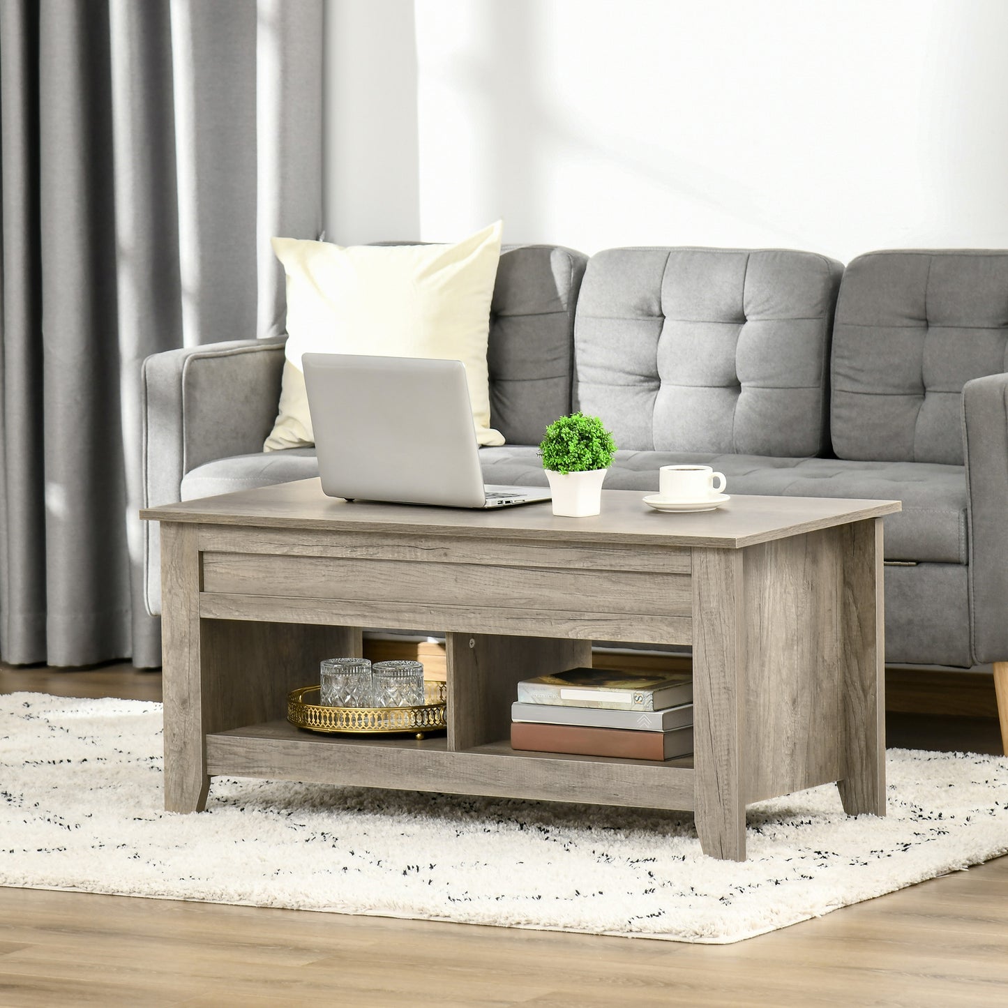 Table centrale relevable pour salon, effet chêne