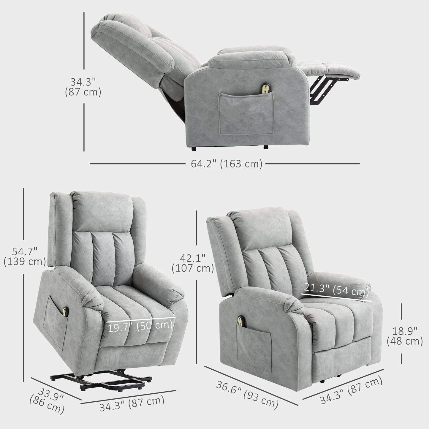 Fauteuil releveur pour seniors, fauteuil inclinable électrique en microfibre avec télécommande, gris clair