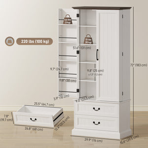 Buffet avec 10 étagères de porte, 2 tiroirs et étagères réglables, blanc