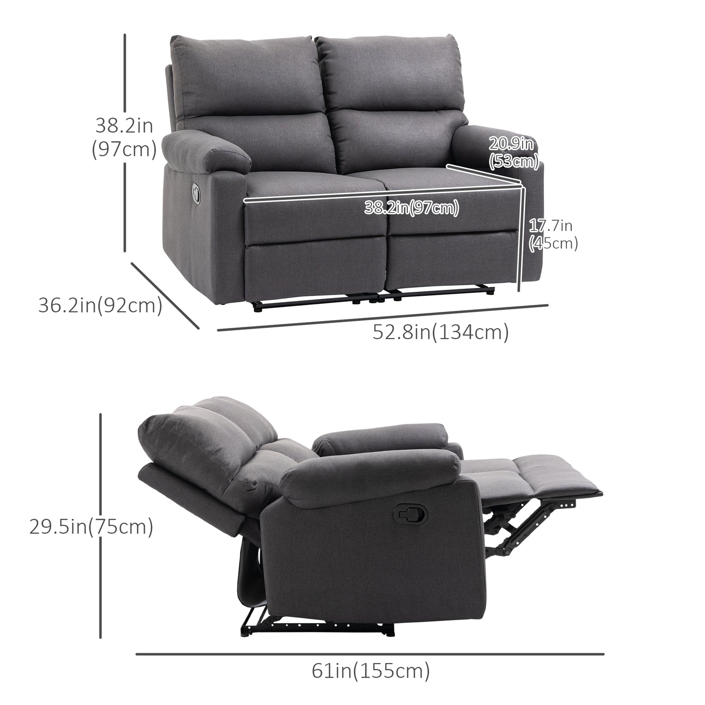 Fauteuil inclinable 2 places avec repose-pieds, gris foncé