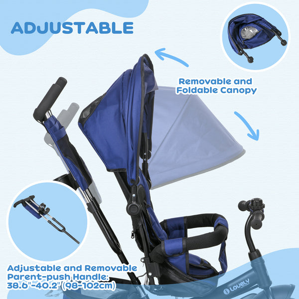 Tricycle 6 en 1 pour tout-petits de 1 à 5 ans avec poignée parentale, bleu foncé