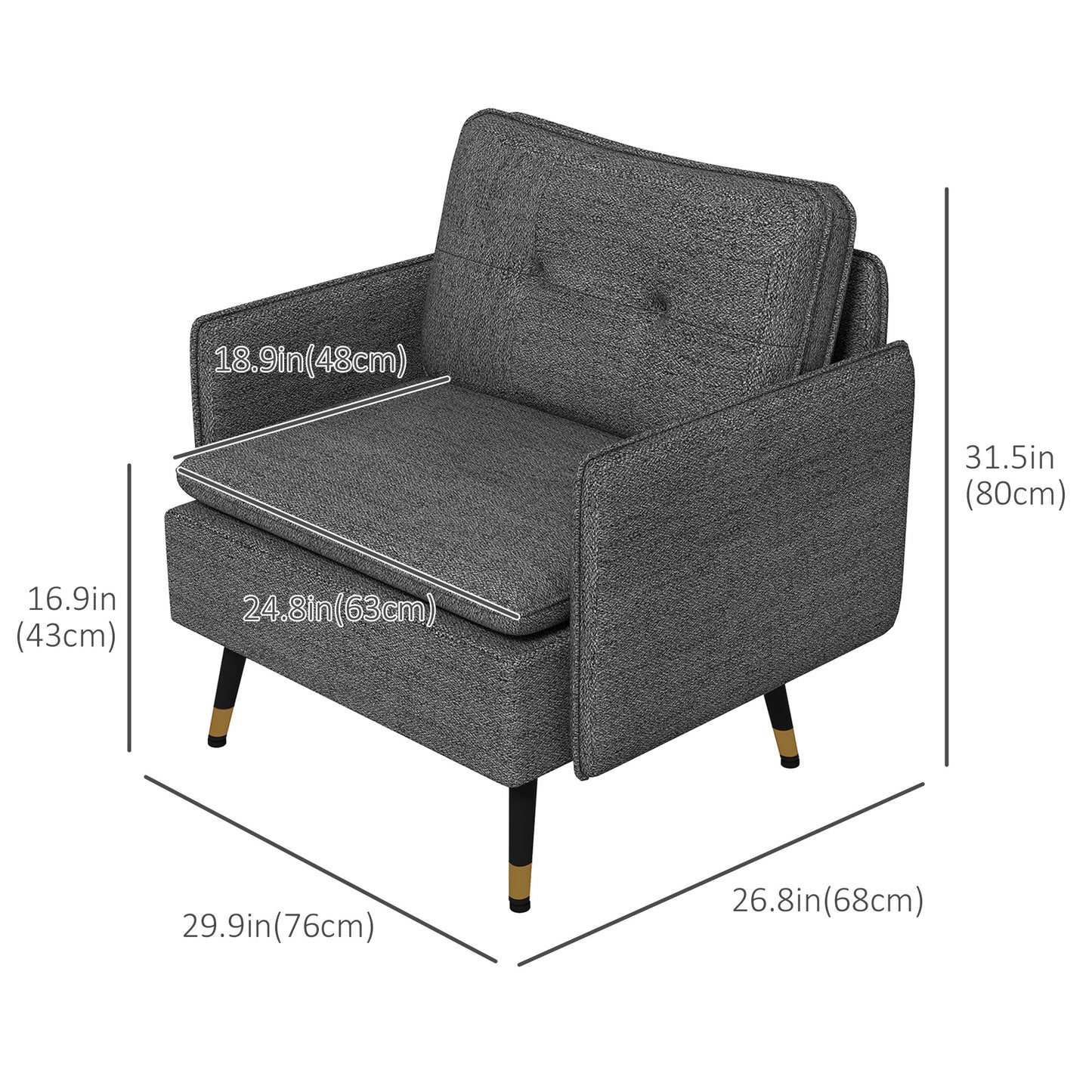 Fauteuil d'appoint moderne rembourré avec coussin de dossier capitonné et pieds en acier, pour salon et chambre, gris foncé