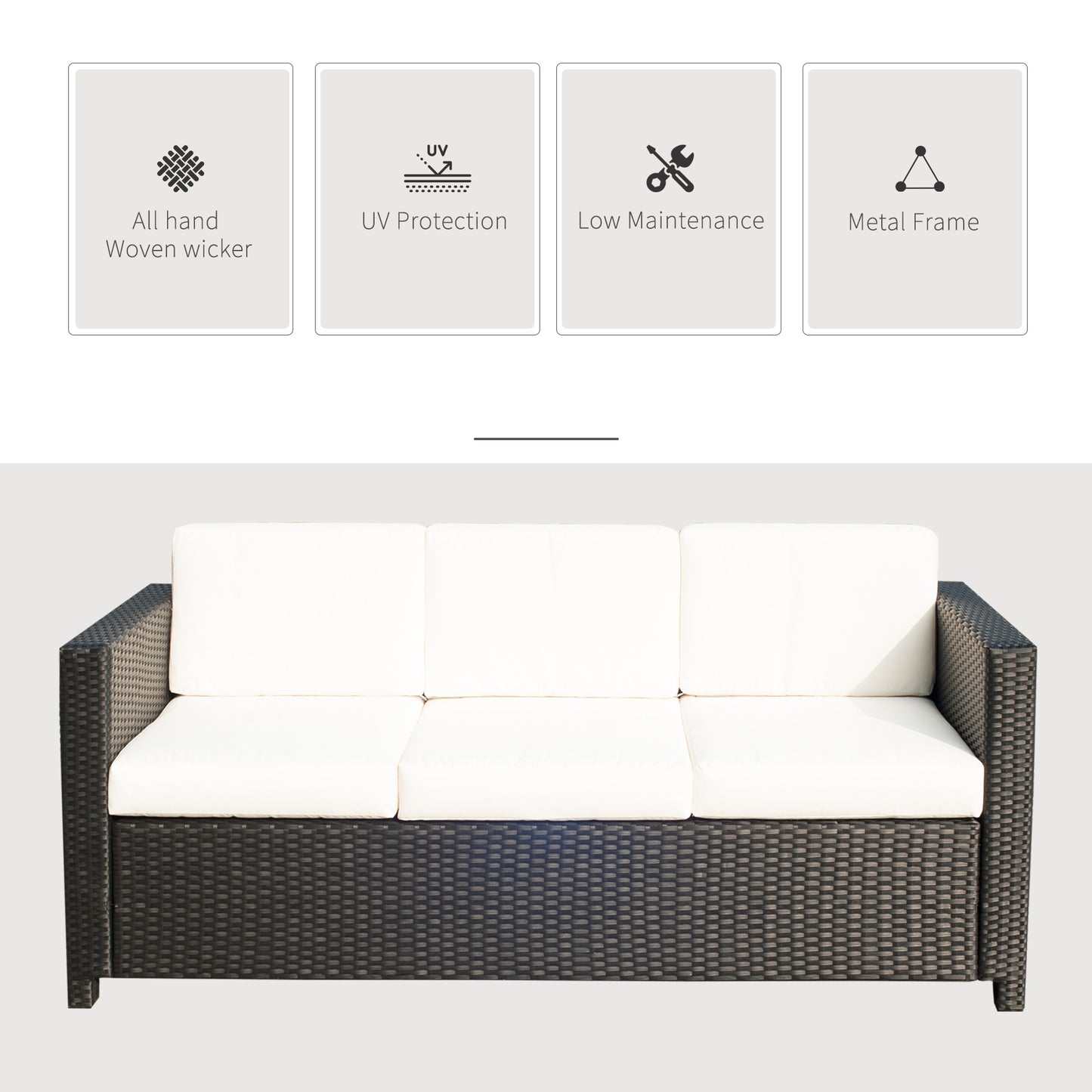 Outsunny Deluxe Canapé 3 places en rotin et osier, mobilier de jardin extérieur avec coussin, blanc crème