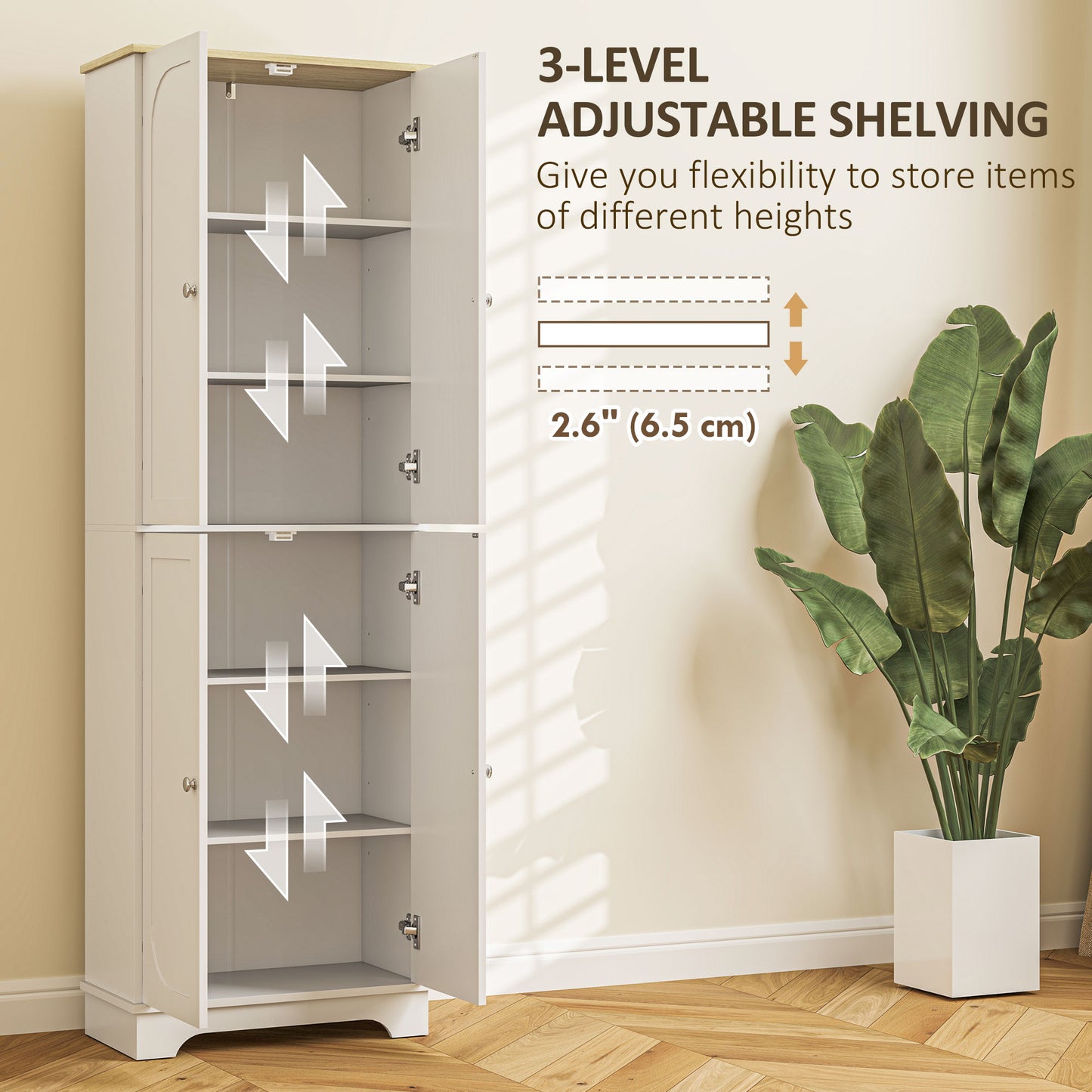Armoire de rangement de 183 cm de haut, avec étagères réglables, 4 portes, blanc