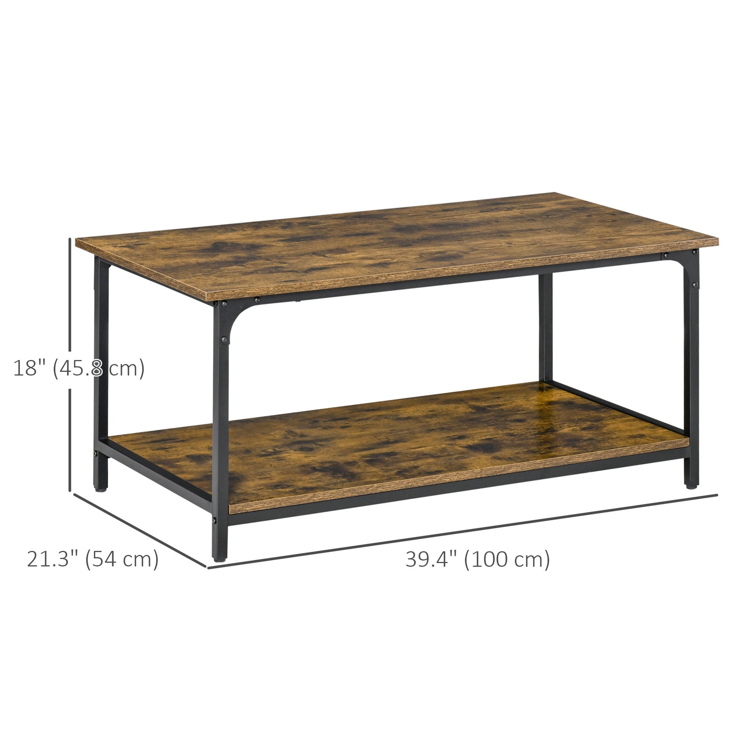 Table basse industrielle avec étagère de rangement pour salon, marron rustique