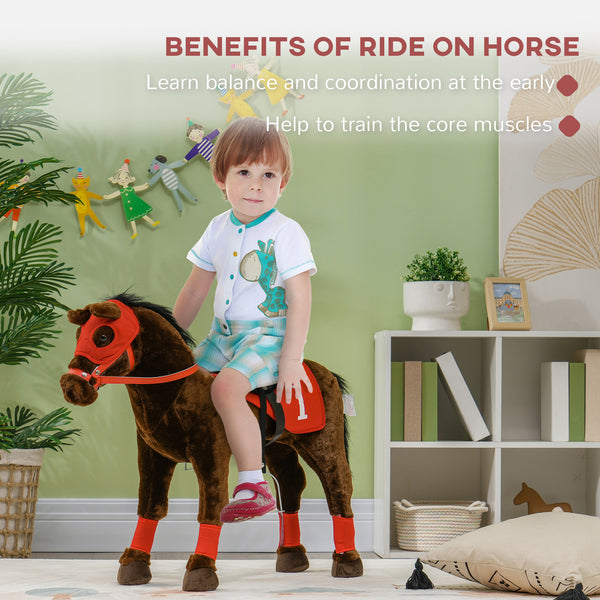 Horse to ride with neighing, saddle and stirrups, brown