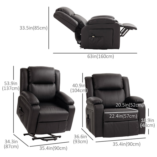 Fauteuil releveur électrique en cuir synthétique avec télécommande et poches latérales, marron